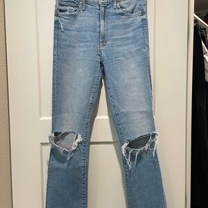 MOTHER Blue Straight Leg Jeans with Distressed Knees
